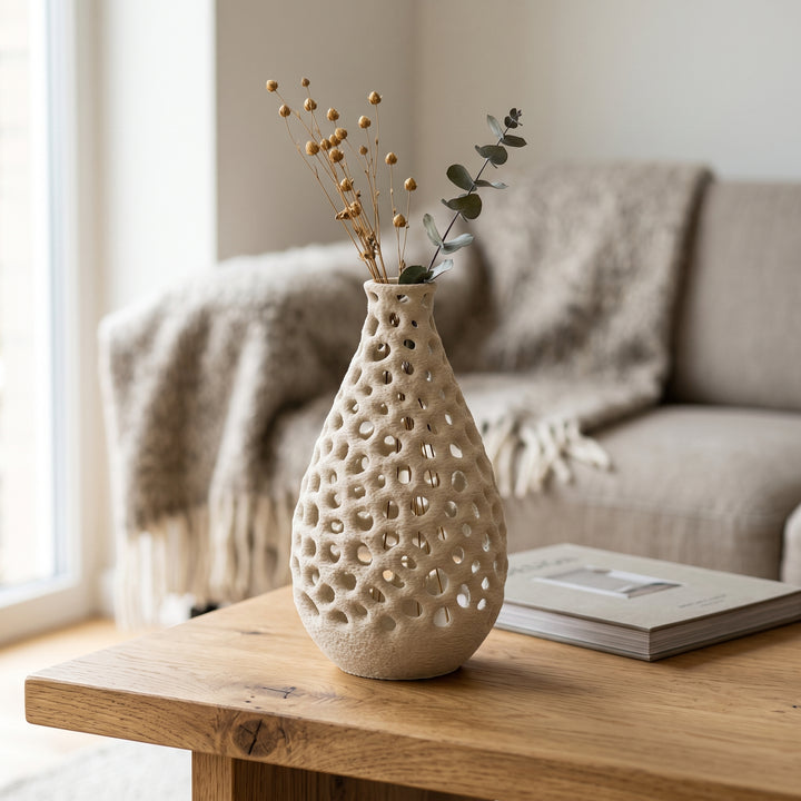 Liva - Geperforeerde Organische Sculpturale Vaas — sfeer (creme)