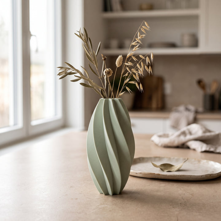 Ceris - Spiraalvormige Geribbelde Sculpturale Vaas — sfeer (salie)