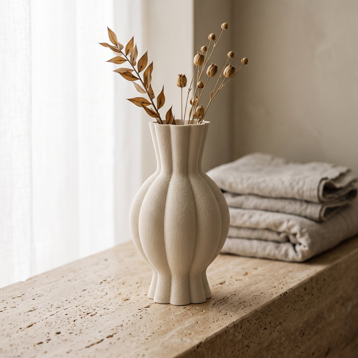 Galen - Gegroefde Sculpturale Moderne Vaas — sfeer (creme)