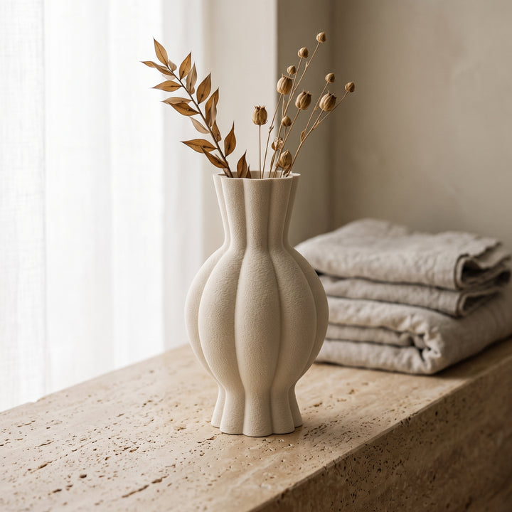 Galen - Gegroefde Sculpturale Moderne Vaas — sfeer (creme)